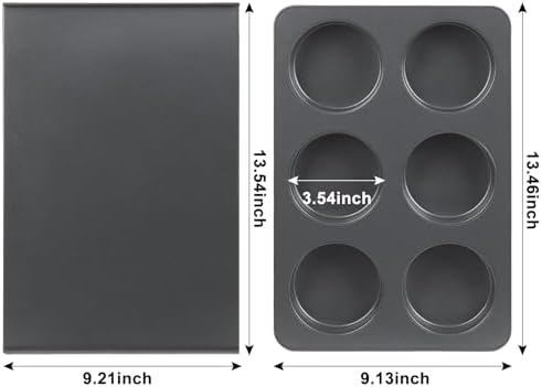 6 Cup Muffin Pan with Lid, Carbon Steel Non Stick Cupcake Pans for Baking, 9 x 13 Inch Even Crical Deep Baking Pan for Cup Cake, English Muffin, Whoopie Pie, Hamburger Buns