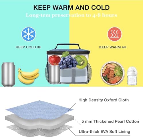 ExtraCharm Insulated Lunch Bag for Women/Men - Reusable Lunch Box for Office Picnic Hiking Beach - Leakproof Cooler Tote Bag Organizer with Adjustable Shoulder Strap for Adults - Grey