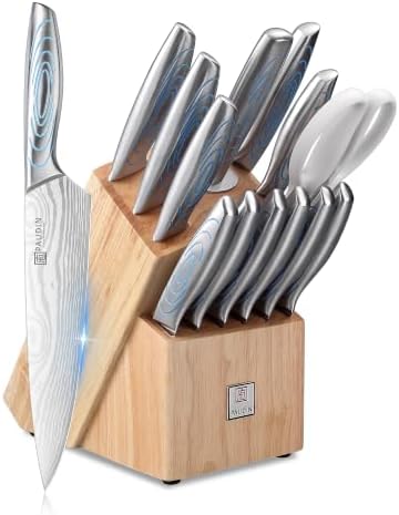 PAUDIN Knife Set, 14 Piece Knife Block Set with Unique Water Ripple Handles