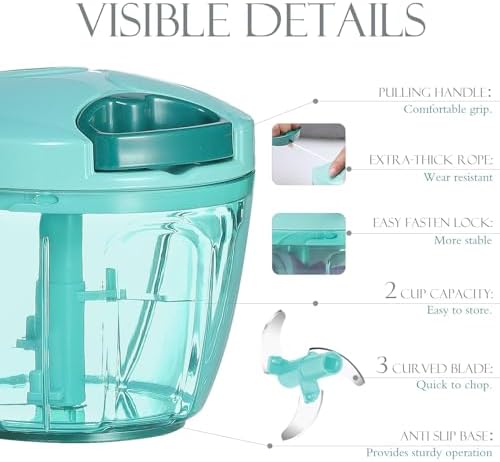 Ourokhome Manual Food Processor Vegetable Chopper, Portable Hand Pull String Garlic Mincer Onion Cutter for Veggies, Ginger, Fruits, Nuts, Herbs, etc., 650ml, Blue