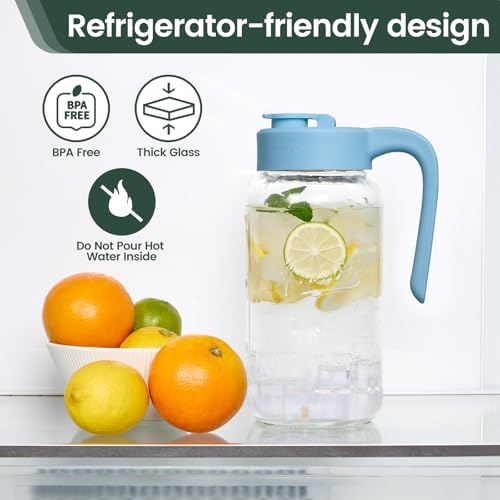 Mason Jar Pitcher, 64 oz (2 quart), Glass Pitcher with Lid