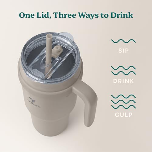 REDUCE 40 oz Stainless Steel Tumbler with Handle - Dual-Wall Vacuum Insulated Travel Mug, Sweat-Proof Lid & Reusable Straw - Keeps Drinks Cold for 24 Hrs, Fits Cupholders, Dishwasher Safe - Sand