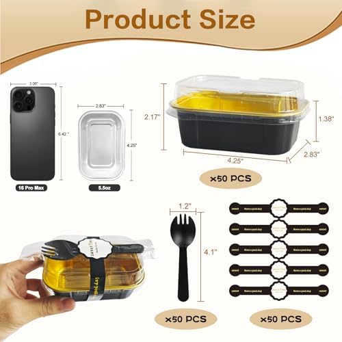 mini loaf pans with lids and spoons 50 Pack,5.5 oz Rectangle mini individual cake tins Disposable Small Aluminum Foil Baking pans (50, Black)
