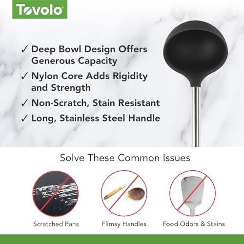Tovolo Silicone Ladle With Stainless Steel Handle Deep Soup Ladle for Cooking Canning Serving Soup Punch Stew Sauce, Large Kitchen Utensil Spoon Dishwasher Safe BPA Free Silicone Black