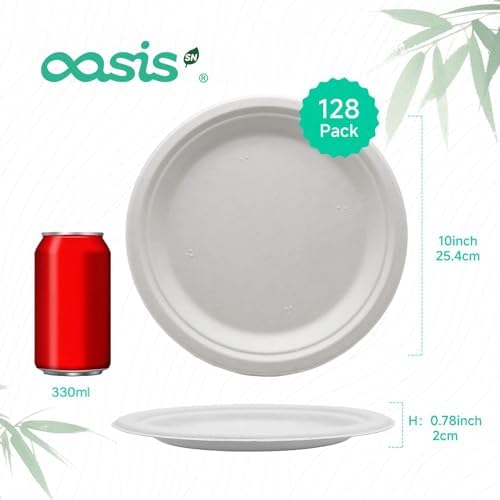 10 Inch Paper Plates 128 Pack, Heavy Duty Disposable Dinner Plates, Large Compostable Sugarcane Bagasse Plates, Leak Resistant, Cut Resistant, Microwave Safe, White