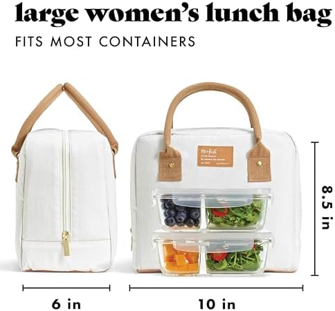 Fit & Fresh Lunch Bag For Women, Insulated Womens Lunch Bag For Work, Leakproof & Stain-Resistant Large_Lunch Box_For Women With Containers, Zipper Closure Bloomington_Bag, Ivory Woven (Pack of 4)