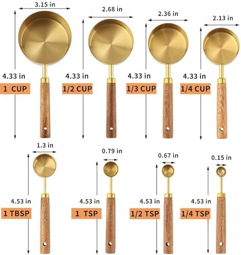 Gold Measuring Cups and Spoons Set Stainless Steel Wood Handle US Metric