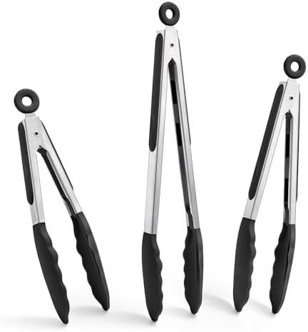 Doosu Kitchen Tongs with Silicone Tips for Cooking Serving (3Pcs, Black)