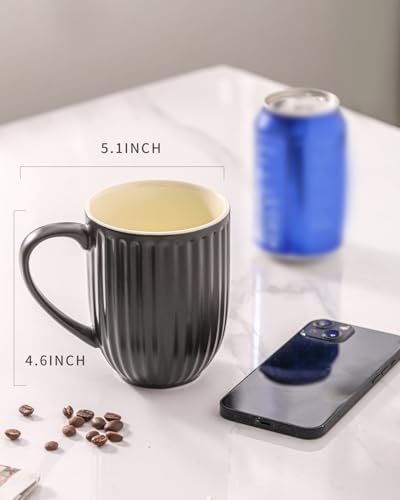HASENSE 16oz Ceramic Coffee Mugs Set of 4, Black Ribbed Latte Cups with Large Ergonomic Handle, Modern Lightweight, Great for Coffee, Tea & Cocoa, Dishwasher & Microwave Safe