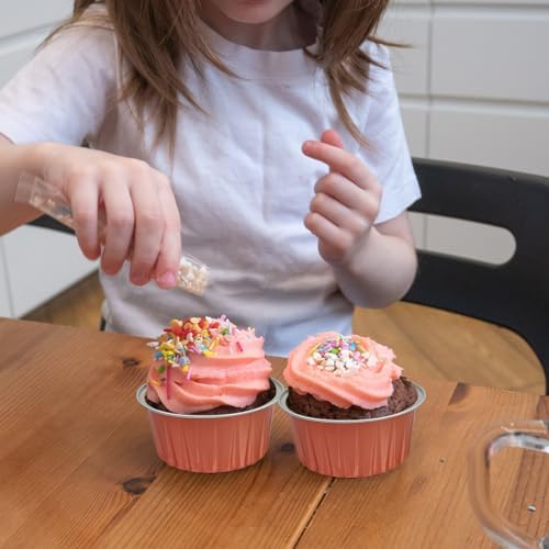 100Pcs Aluminum Cups with Lids,5oz Disposable Ramekin Baking Cups Muffin Liners Mini Pie Pans Foil Cupcake Containers for Christmas Party Wedding Party,Orange