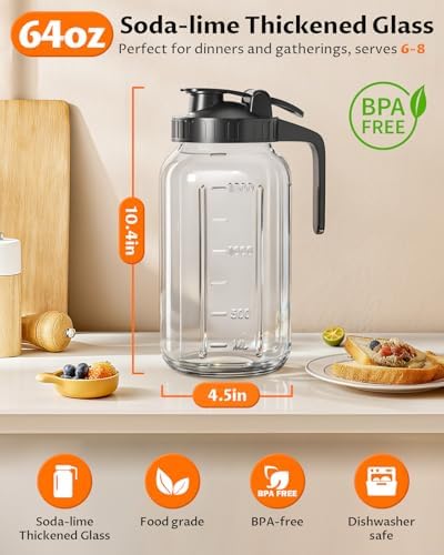 64oz Mason Jar Pitcher, Glass Pitcher with Lid for Tea & Cold Brew