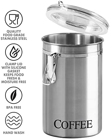 OGGI Stainless Steel Canister 62oz - Airtight Clamp Lid, Clear See-Thru Top. Large Size 5" x 7.5" & Jumbo 8" Stainless Steel Flour Clamp Canister - Airtight Food Storage Container Ideal, Dry Foods