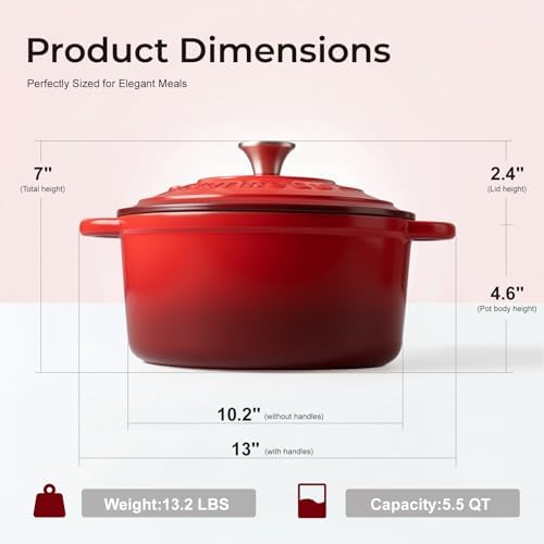 Parmedu 5.5QT Enameled Cast Iron Dutch Oven for Sourdough Bread Red