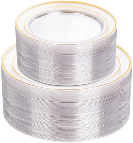 I00000 102 Pcs Clear Gold Plastic Plates, Premium Disposable Party Plates