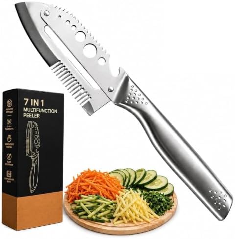 7-in-1 Multifunction Vegetable Peeler, Stainless Steel Kitchen Peeler with Bottle Opener, Fish Scaler, Herb Stripper, Scallion Shredder & Jar Lid Opener, Fruit Peeler Knife & Potato Peeling Tool