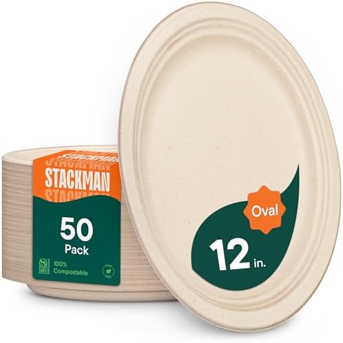 100% Compostable Oval Paper Plates [12.5 inch - 50-Pack] Elegant Disposable Dinner Platter Heavy-Duty Quality, Natural Bagasse Unbleached Eco-Friendly Made of Sugar Cane Fibers, [12.5" x 10" Platter]