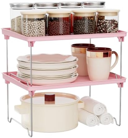 STARLATTA 2 Pcs Cabinet Organizer Shelf，Stackable Kitchen Counter Shelves, Spice Rack,Countertop Organizers，Pink Plastic Storage Shelves Rack for Makeup，Bathroom, Cupboard，Desk，Pantry Organization