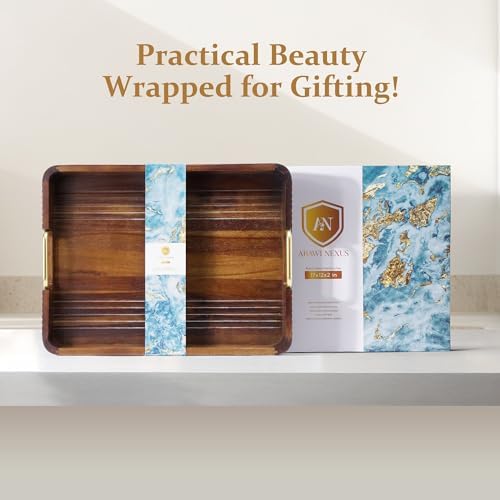 Acacia Wood Serving Tray with Metal Handle, 17x13in Tray for Ottoman