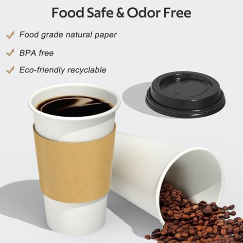 Dealusy 100 Pack 16 oz Disposable Coffee Cups with Sip Lids and Sleeves