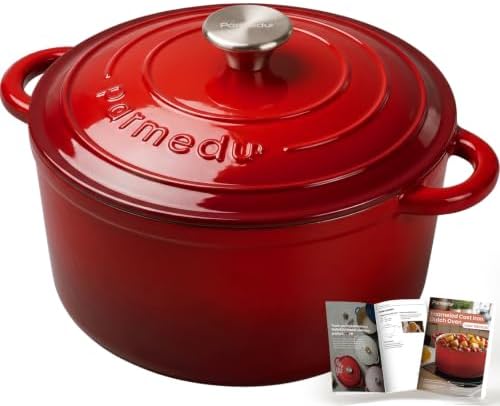 Parmedu 5.5QT Enameled Cast Iron Dutch Oven for Sourdough Bread Red