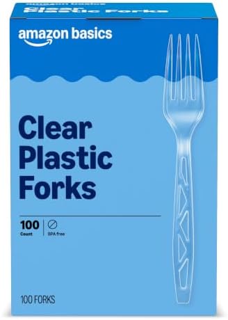 Amazon Basics Disposable Clear Plastic Forks, Premium Quality, 100 Count, Large Pack, Packaging May Vary