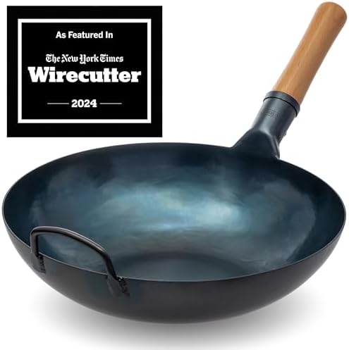 YOSUKATA 13.5” Blue Carbon Steel Wok Pan + Premium Wok Cover 13.5 inch Pan Lid