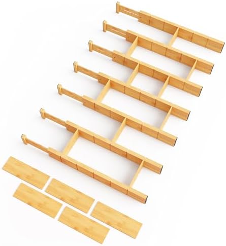 SpaceAid Bamboo Drawer Dividers with Inserts and Labels, Kitchen Adjustable Drawer Organizers, Expandable Organization for Home, Office, Dressers, 7 Dividers with 15 Inserts (17"-22" Natural)