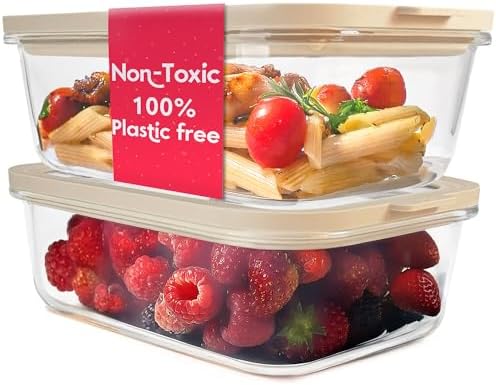 Non-Toxic Glass Food Containers with Lids, 2-Pack, 50 oz, Airtight, Beige