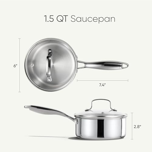 CAROTE 1.5Qt Stainless Steel Saucepan, Non-Toxic 3-Ply Stainless Steel Cookware Set with Lids, Small Kitchen Pots, Oven Safe, Compatible with Induction, Ceramic, Gas