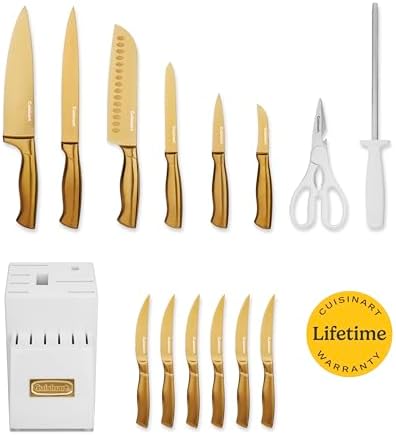 Cuisinart Professional Block Knife Set, 15pc Cutlery Knife Set with Steel Blades for Precise Cutting, Lightweight, Stainless Steel, Durable & Dishwasher Safe (White/Gold)