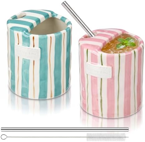 2 Pack Ceramic Coffee Mug with Sip Hole, Simple, Pink, Blue