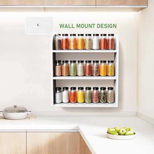 ROMGUAR CRAFT 3 Tier Bamboo Spice Rack, Countertop or Wall Mounting, White