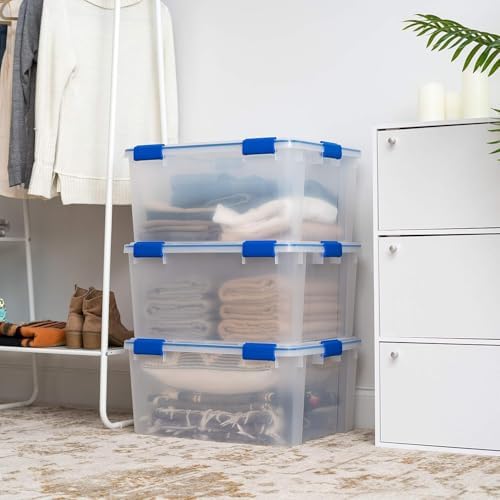IRIS USA 3-Pack 60 Qt Storage Bins with Gasket Lids, Clear/Blue