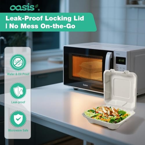 8x8 Inch 68 Pack 3-Compartment Clamshell Take Out Food Containers, Compostable Disposable Paper To Go Boxes with Lids, Heavy Duty Sugarcane Bagasse Containers for Meals & Sides, White