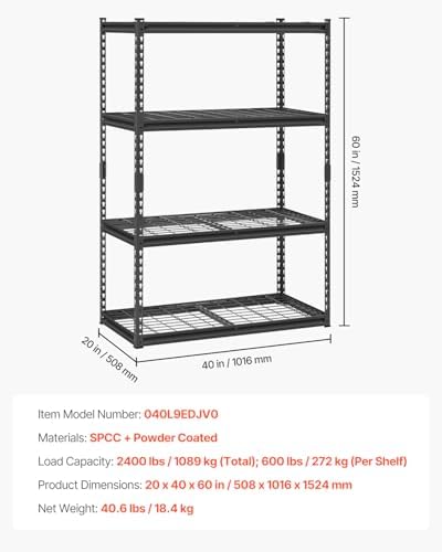 VEVOR Storage Shelves, 2400 lbs, 4 Tier Heavy Duty Garage Shelving, 20" D x 40" W x 60" H Adjustable Metal Shelves for Industrial Shelving Unit Utility Shelf, for Kitchen, Warehouse, Basement, Black
