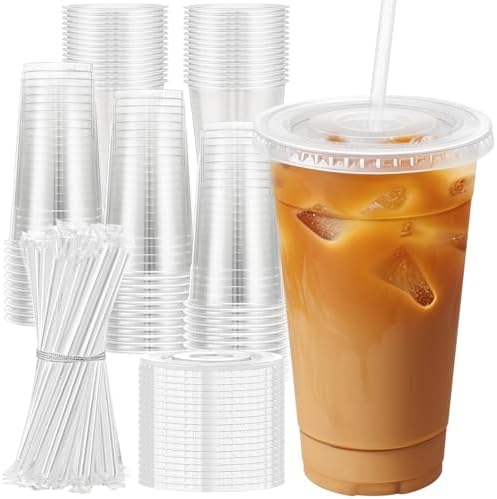 Lamosi 100 Pack 24 oz Plastic Coffee Cups with Lids, Disposable Clear Cups