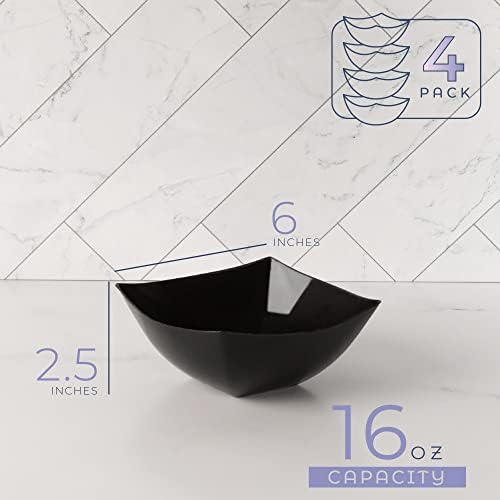 PLASTICPRO Disposable Square Serving Bowls, Party Snack or Salad Bowl, Plastic Black Pack of 4, 16 OUNCE, Black