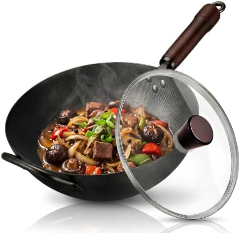 Carbon Steel Wok with Lid Ceramic Nonstick Flat Bottom Wok Pan Induction Compatible Stir Fry Wok Beech Wood Handle Glass Lid Healthy Cooking Wok for Gas Electric Ceramic Halogen Cooktops