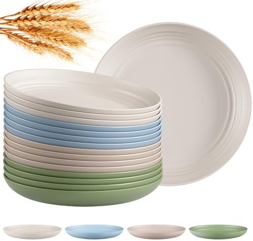 Quatish 16 PCS Unbreakable Reusable Plastic Plates,8 inch Dishwasher & Microwave Safe Dinner Plate, Easy-to-Clean Lightweight,Portable for Kitchen & Picnics Wheat Straw Plates （Mint Green）