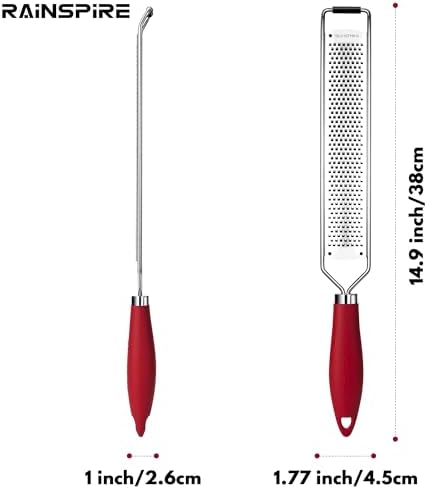 Rainspire Zester Grater with Handle, Lemon Zester Cheese Grater for Kitchen Stainless Steel, Parmesan Cheese Garlic Nutmeg Chocolate Fruits Vegetables Ginger Grater, Fine, Red