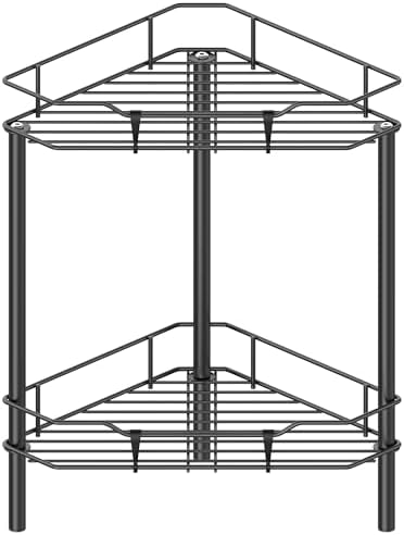 HuggieGems Metal Floor Standing Corner Shower Caddy, Black, 2 Tier