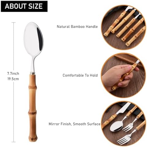 8-Piece Bamboo Handle Dinner Spoon Set, Stainless Steel Spoons for Kitchen Home and Restaurant, Mirror Polished, 8.03 inch