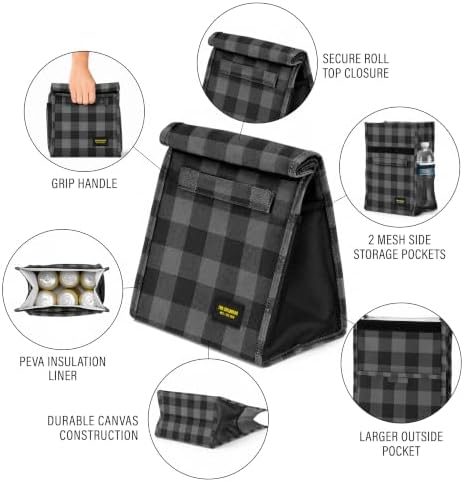 2nd Childhood Insulated Lunch Bag for Men, Durable & Reusable, Plaid Grey
