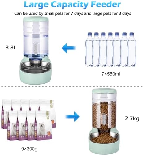 Automatic Cat Feeder and Water Dispenser with Stainless Steel Bowl Gravity Food Feeder and Waterer Set for Small Medium Dog Puppy Kitten 1 Gallon x 2(Green)