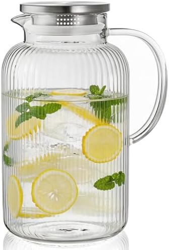 Bivvclaz 1 Gallon Glass Pitcher with Lid and Handle, Stripes Water Pitcher for Fridge, Borosilicate Glass Carafe for Hot/Cold Drink, Extra Large Jug for Iced Tea, Coffee, Juice, Homemade Beverage