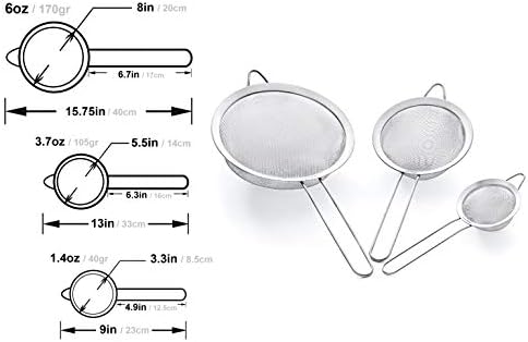 Strainer Set Fine Mesh – Premium 304 Stainless Steel (18/8) – 8″, 5.5″ and 3.3″ Sturdy Kitchen Strainers (Silver)