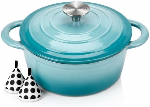 COOKWIN Enameled Cast Iron Dutch Oven, 5 QT Bread Baking Pot with Self Basting Lid, Non-stick Enamel Coated Cookware Pot, Great Christmas Gifts for Family, Teal