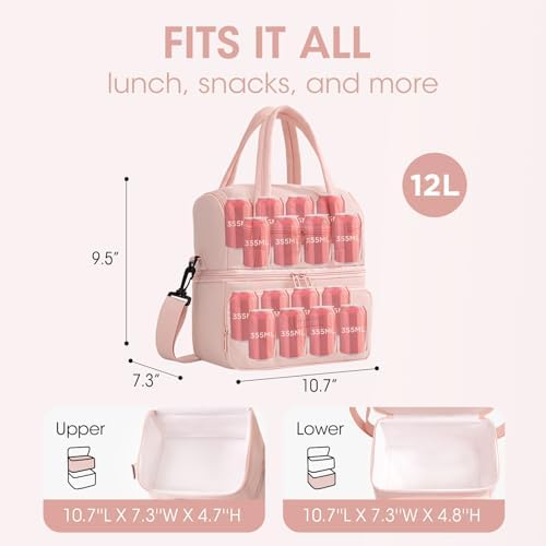 Double Decker Lunch Bag Women Men With Cup Holder, Pink