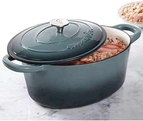 Crock-Pot Artisan 7-Quart Oval Enameled Cast Iron Dutch Oven – Slate Gray, Heavy-Duty Cookware for Slow Cooking, Roasting, Baking with Lid