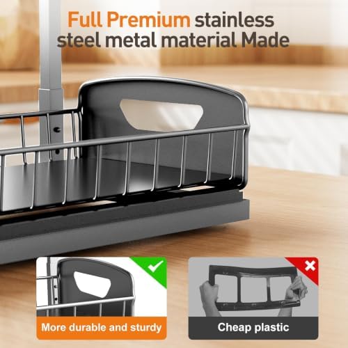 Under Kitchen Sink Organizer, Metal Pull Out Bathroom Organizers and Storage, 2-Tier Cabinet Organizer Shelf with Sliding Drawer, Home Organization for Kitchen, Laundry, Pantry, Dark Grey, 2 pack